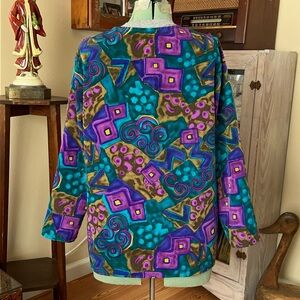 Vintage 80s Funky Abstract Long Sleeve Button Up Blouse Artsy Watercolor Print